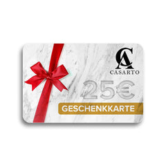 Geschenkkarte 25 Euro mit roter Schleife auf Marmorhintergrund